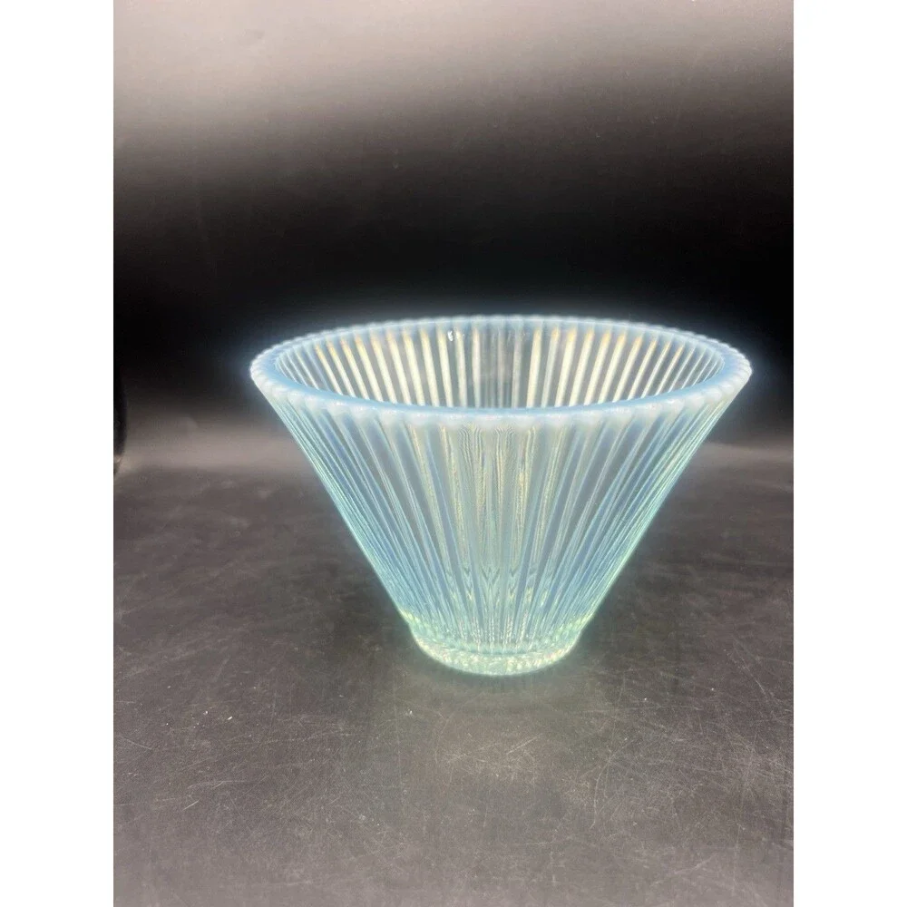 Vintage Fenton Ice Blue Opalescent Ribbed Flared Glass Bowl 7.75” USA